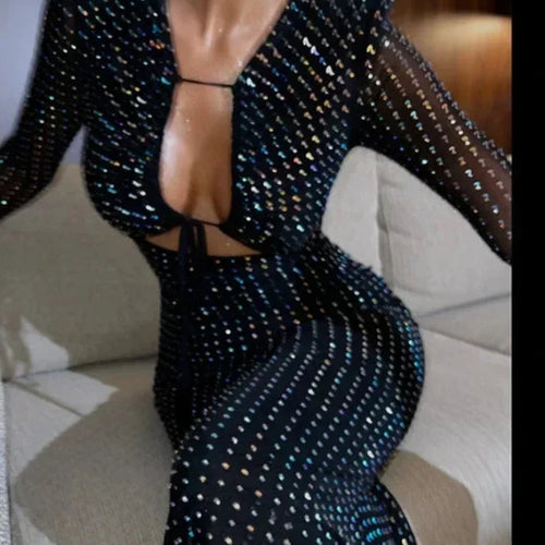 Load image into Gallery viewer, Sparkly Rhinestone Black Evening Dress Sexy Mesh Sleeve Hollow Deep V Long Dresses Birthday Christmas Party C66-DE24
