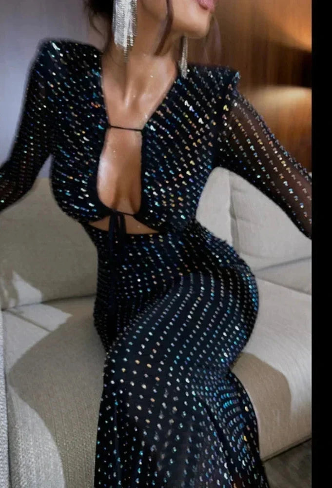 Sparkly Rhinestone Black Evening Dress Sexy Mesh Sleeve Hollow Deep V Long Dresses Birthday Christmas Party C66-DE24