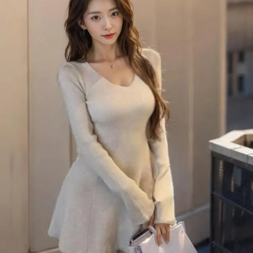 Load image into Gallery viewer, Women's Spring Autumn Vintage Black Flared Long Sleeved Knitted Short Dress Khaki V-neck High Waist Slim Pleated Mini Dress Chic
