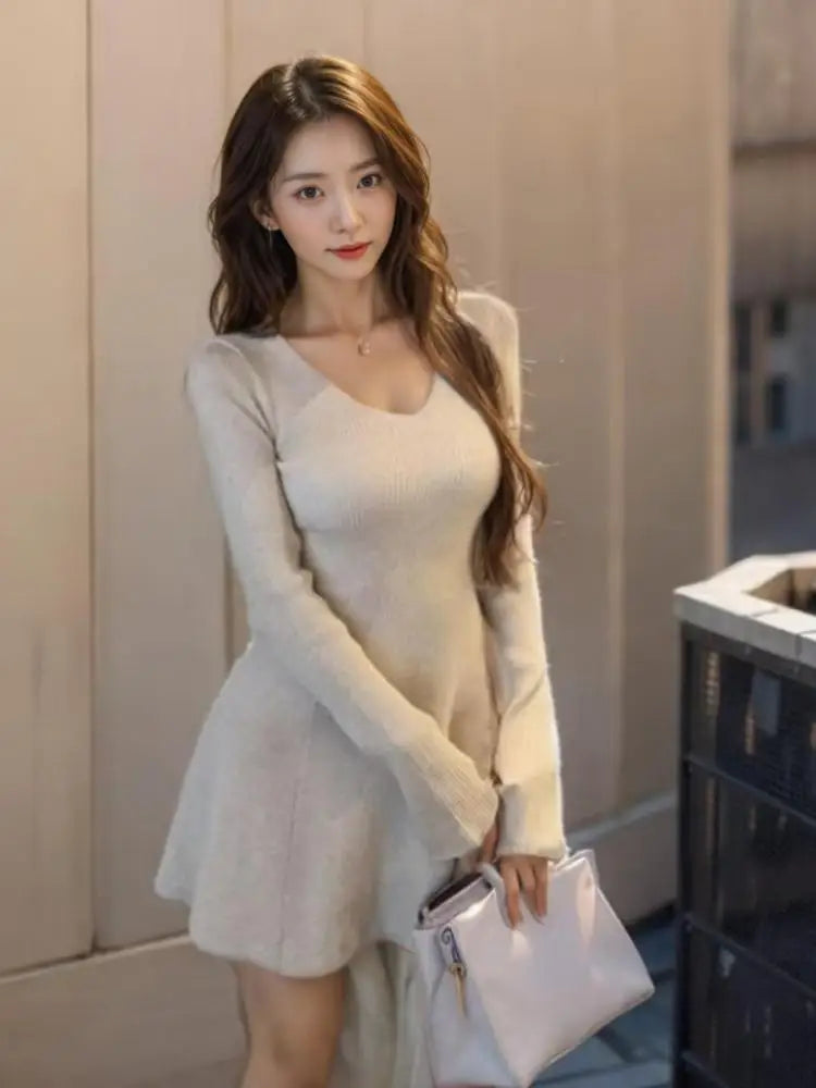 Women's Spring Autumn Vintage Black Flared Long Sleeved Knitted Short Dress Khaki V-neck High Waist Slim Pleated Mini Dress Chic