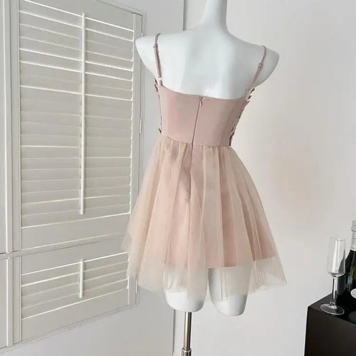 Load image into Gallery viewer, Summer French Vintage Khaki Patchwork Mesh Elegant Slim Party Mini Dress Women White High Waist Sleeveless Slip Short Dress Chic
