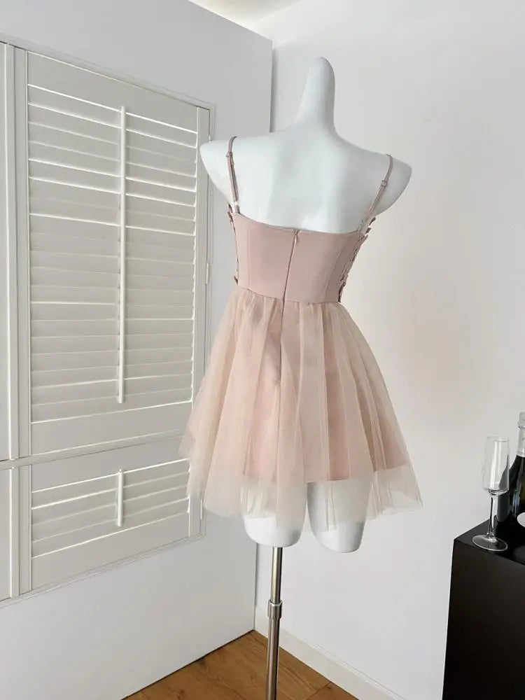 Summer French Vintage Khaki Patchwork Mesh Elegant Slim Party Mini Dress Women White High Waist Sleeveless Slip Short Dress Chic