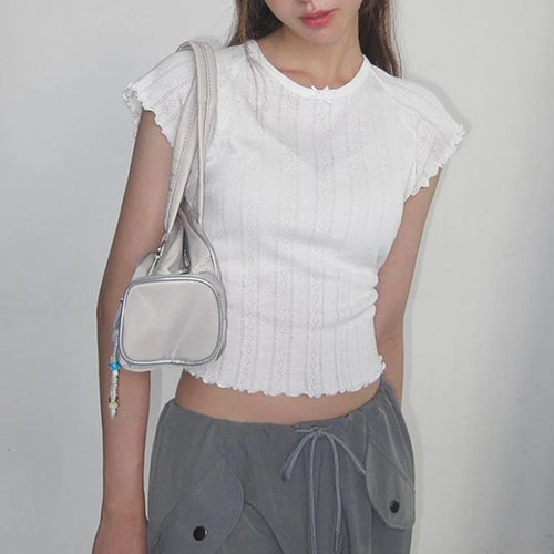 Load image into Gallery viewer, Causal White Knitted Slim Women T shirt Frills Basic Crop Top Short Sleeve Korean Fashion Cute Thin Summer Tee Shirts
