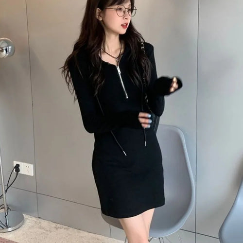 Load image into Gallery viewer, Autumn Korean Zip Bodycon Black Mini Hooded Dress Sport Kpop Style Slim Wrap Long Sleeve Mini Short Dresses Women
