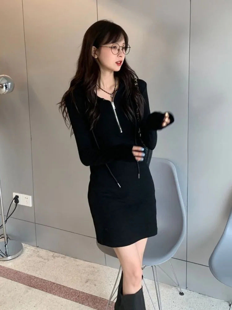 Autumn Korean Zip Bodycon Black Mini Hooded Dress Sport Kpop Style Slim Wrap Long Sleeve Mini Short Dresses Women