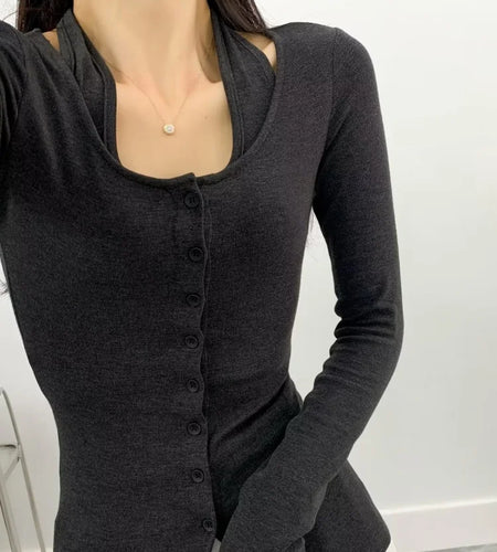 Y2k Sexy Fake Two Pieces Set Long Sleeve Halter Top Women Solid Skinny Patchwork Basic Tee Shirts Korean Fashion  Tshirts