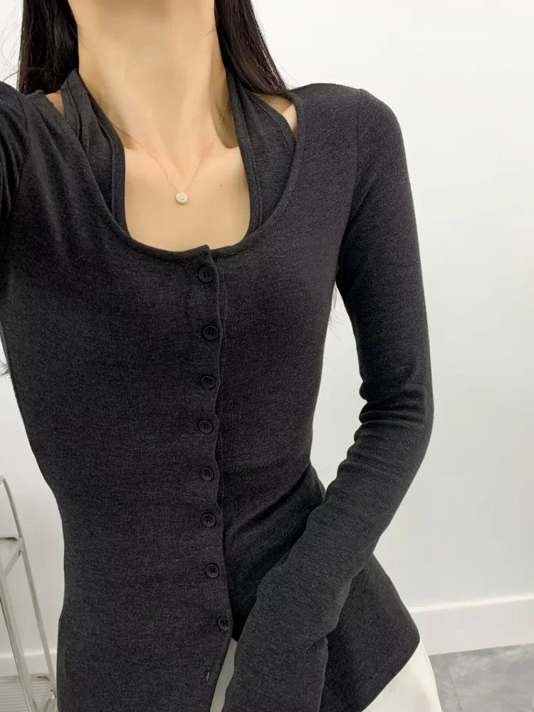 Y2k Sexy Fake Two Pieces Set Long Sleeve Halter Top Women Solid Skinny Patchwork Basic Tee Shirts Korean Fashion  Tshirts