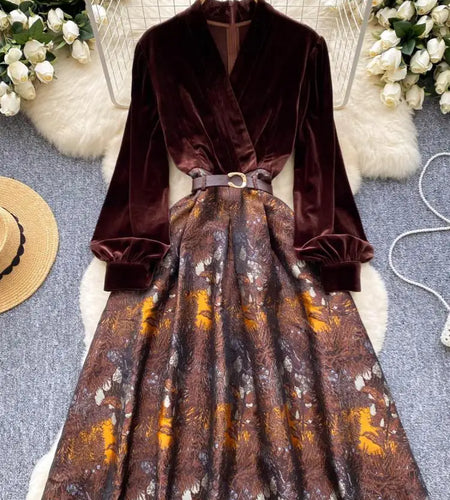 Vintage Brown Patchwork Print Elegant Lantern Sleeve Long Dress Bohemian Autumn Winter French Slim Fashion Women A-line Dresses
