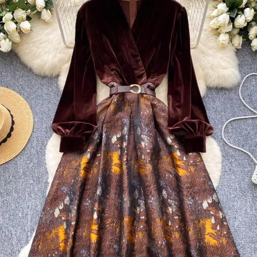 Load image into Gallery viewer, Vintage Brown Patchwork Print Elegant Lantern Sleeve Long Dress Bohemian Autumn Winter French Slim Fashion Women A-line Dresses

