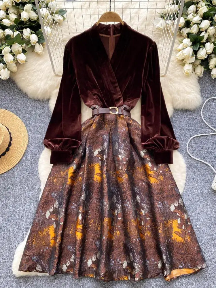 Vintage Brown Patchwork Print Elegant Lantern Sleeve Long Dress Bohemian Autumn Winter French Slim Fashion Women A-line Dresses