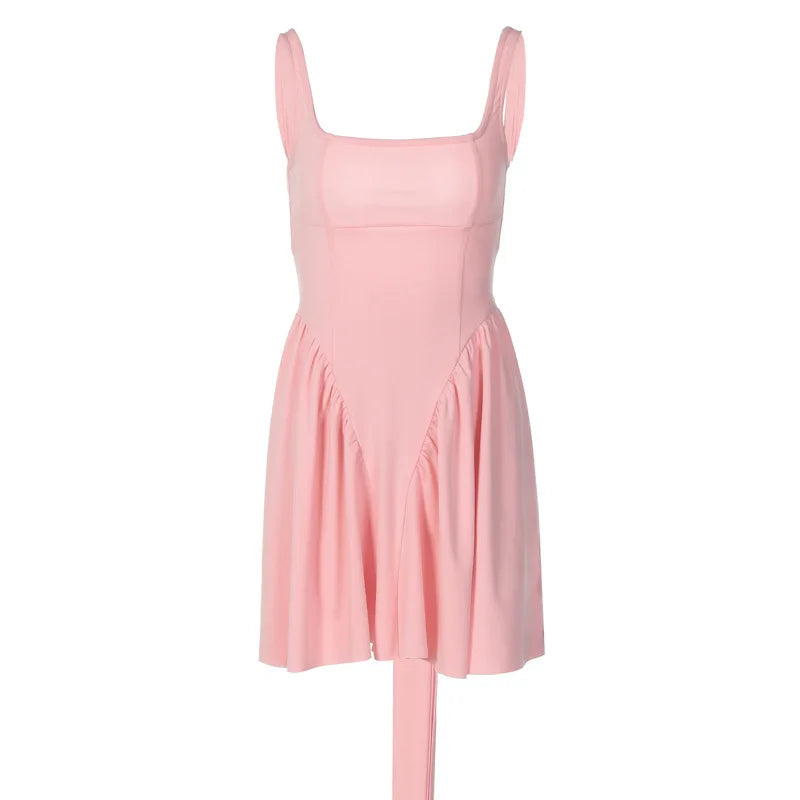 Elegant Backless Bow Mini Dress For Women 2023 Autumn New Square Collar Sleeveless Ruffles Sexy Dress Vintage Fashion