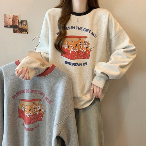 Load image into Gallery viewer, Korean Version Autumn Winter New Grey Patchwork Round Neck Long Sleeved Cotton Tops Women Casual Plush Velvet Sweatershirt Trend
