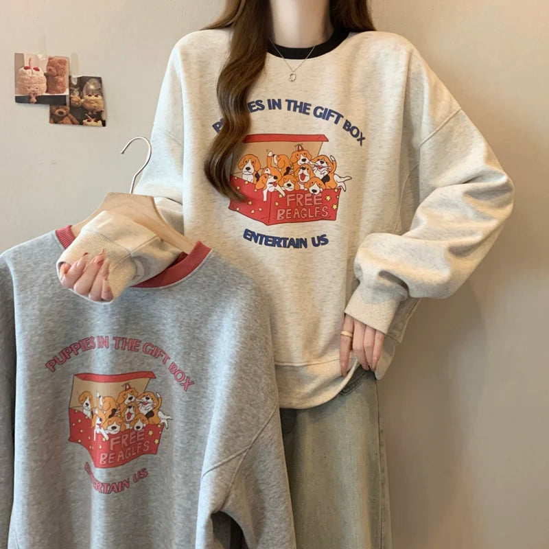 Korean Version Autumn Winter New Grey Patchwork Round Neck Long Sleeved Cotton Tops Women Casual Plush Velvet Sweatershirt Trend