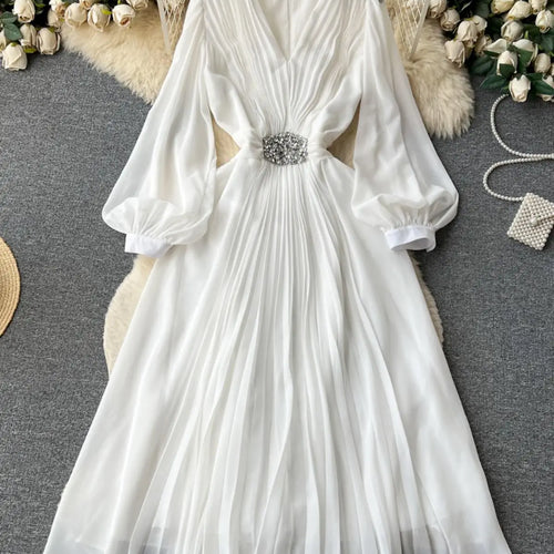 Load image into Gallery viewer, French Women Solid V Neck Diamond Elegant High Waist Pleated Dresses Autumn Winter Slim Long Sleeve Holiday Dress Ladies Popular
