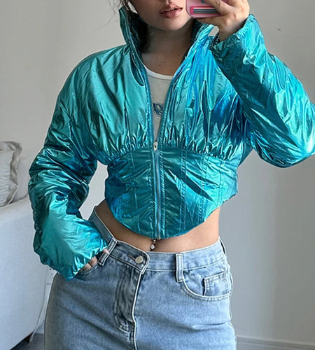 Streetwear Bright Stitched Corset Parka Coat Turtleneck Zip-Up Winter Jacket Female Fashion Party Autumn Overcoat New