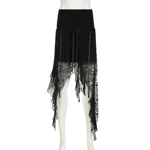 Load image into Gallery viewer, Streetwear Asymmetrical Slim Lace Skirt Female Folds Tie-Up Stitching Holidays Party Sexy Midi Skirt Fringe Clothing
