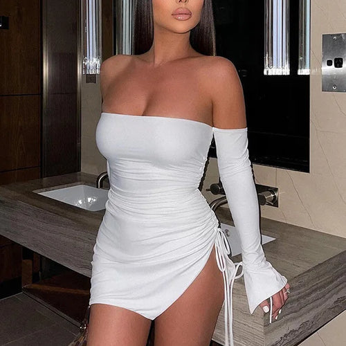 Load image into Gallery viewer, Sexy Off Shoulder Long Sleeve Pleated Tight Fit Dress Women Lace Up Split Transparent Dress Party Club Evening Vestidos
