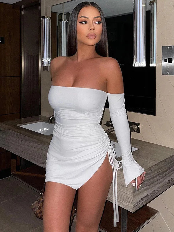 Sexy Off Shoulder Long Sleeve Pleated Tight Fit Dress Women Lace Up Split Transparent Dress Party Club Evening Vestidos
