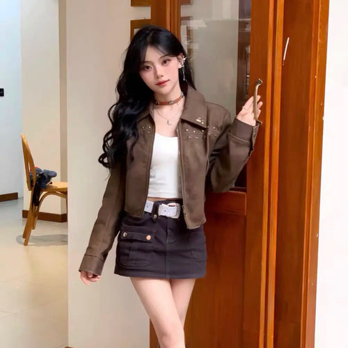 Load image into Gallery viewer, Streetwear Vintage Leather Jackets Women Clothing Chic Rivet Casual PU Crop Tops 2024 Ropa Mujer Fashion Korean Harajuku Coats
