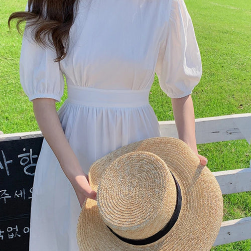 Load image into Gallery viewer, Korean Pure Color Romantic O-neck Short Sleeve Dress Women Summer New Fashion Midi Long Dress Casual Green Dresses Ladies
