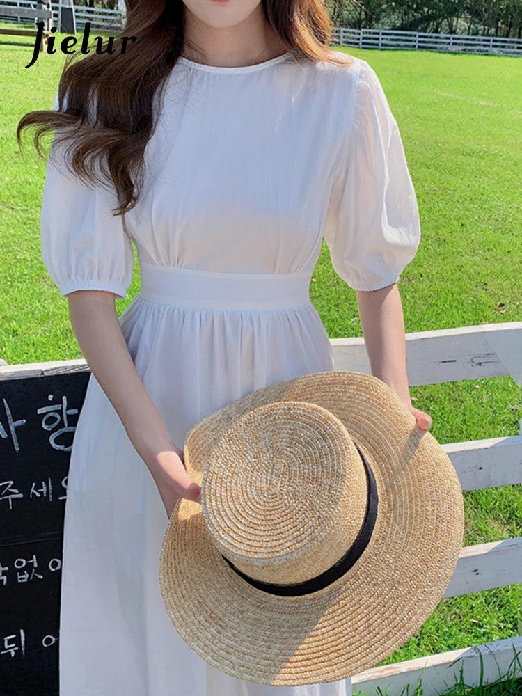 Korean Pure Color Romantic O-neck Short Sleeve Dress Women Summer New Fashion Midi Long Dress Casual Green Dresses Ladies