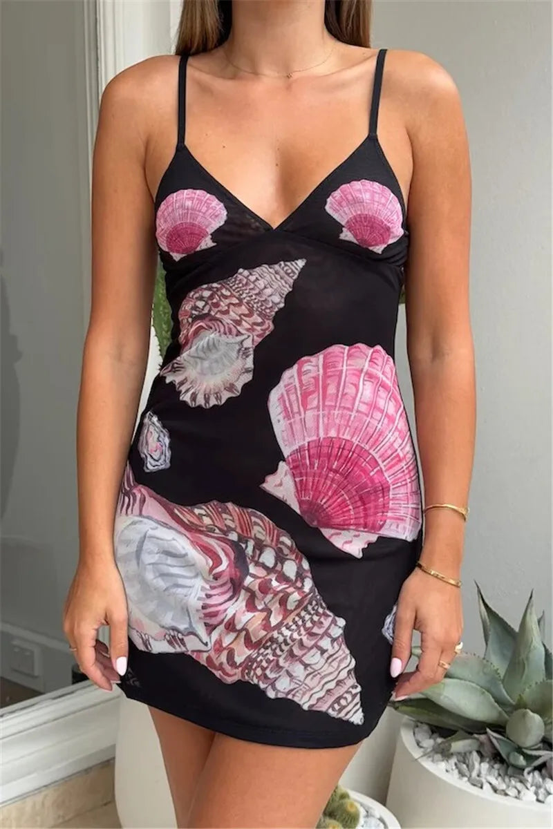 Spaghetti Strap Floral Print Mini Dress For Women Robe Summer New V Neck Sleeveless Backless Print Beach Holiday Dress