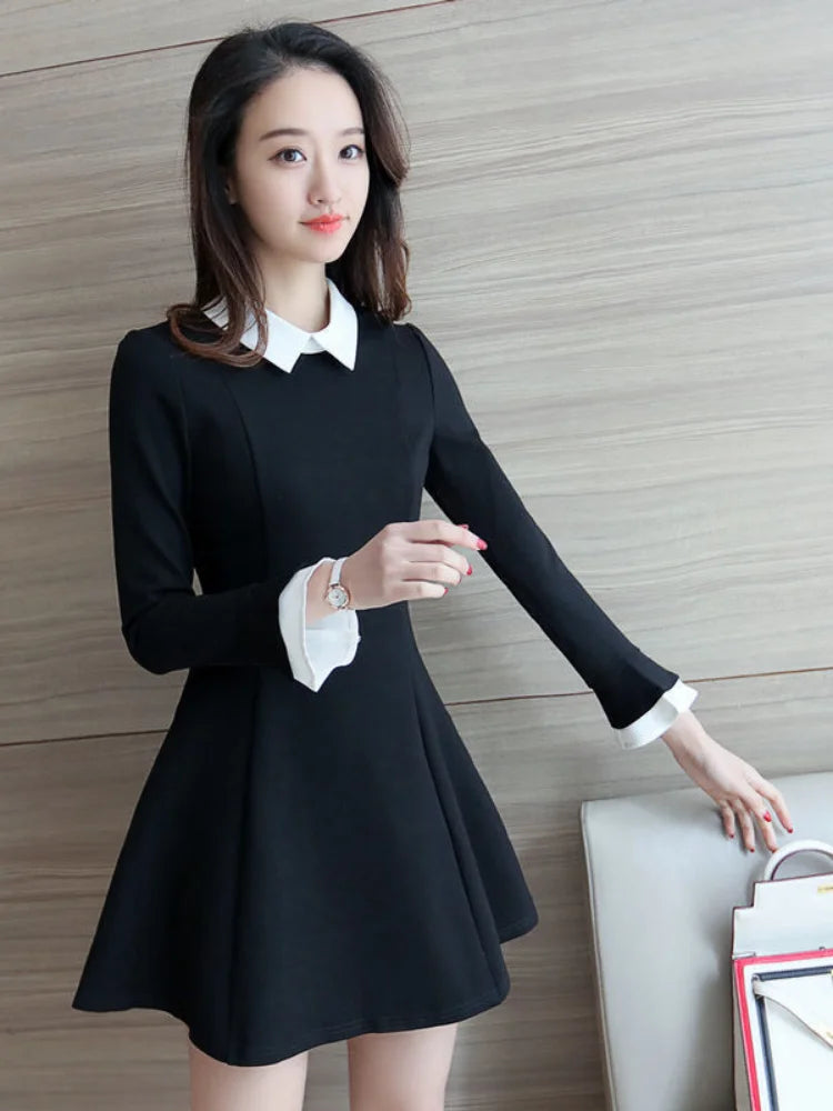 Vintage School Student Black Dress Women Korean Style Kpop Fashion Short Dresses Party Long Sleeve Spring Fashion