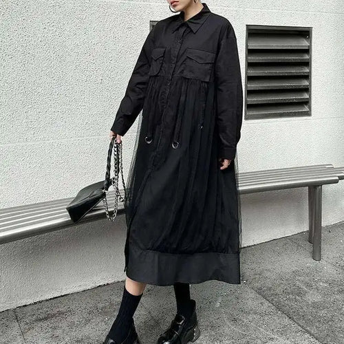 Load image into Gallery viewer, Women White Mesh Ribbons Pocket Big Size Midi Shirt Dress New Lapel Long Sleeve Fashion Tide Spring Autumn 2025 1DH8647
