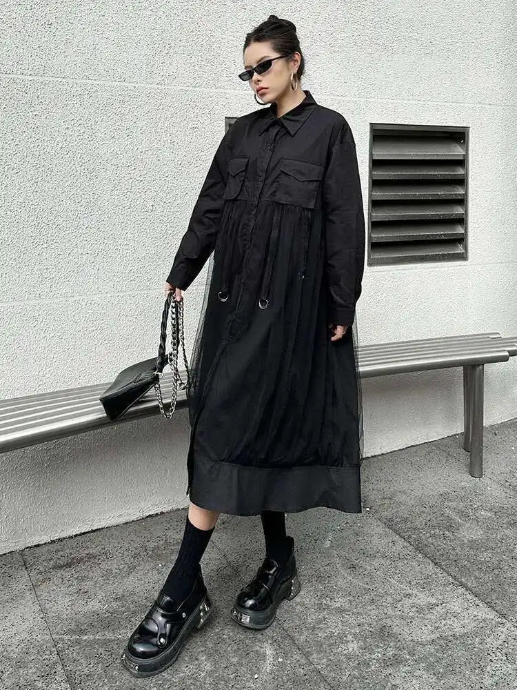 Women White Mesh Ribbons Pocket Big Size Midi Shirt Dress New Lapel Long Sleeve Fashion Tide Spring Autumn 2025 1DH8647