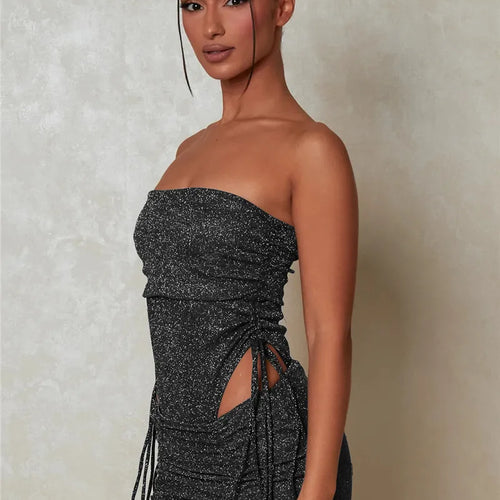 Load image into Gallery viewer, Glitter Sexy Dress Set Women Strapless Bodysuit And Mini Skirt Matching Sets Ladies Party Drawstring Two Piece Sets
