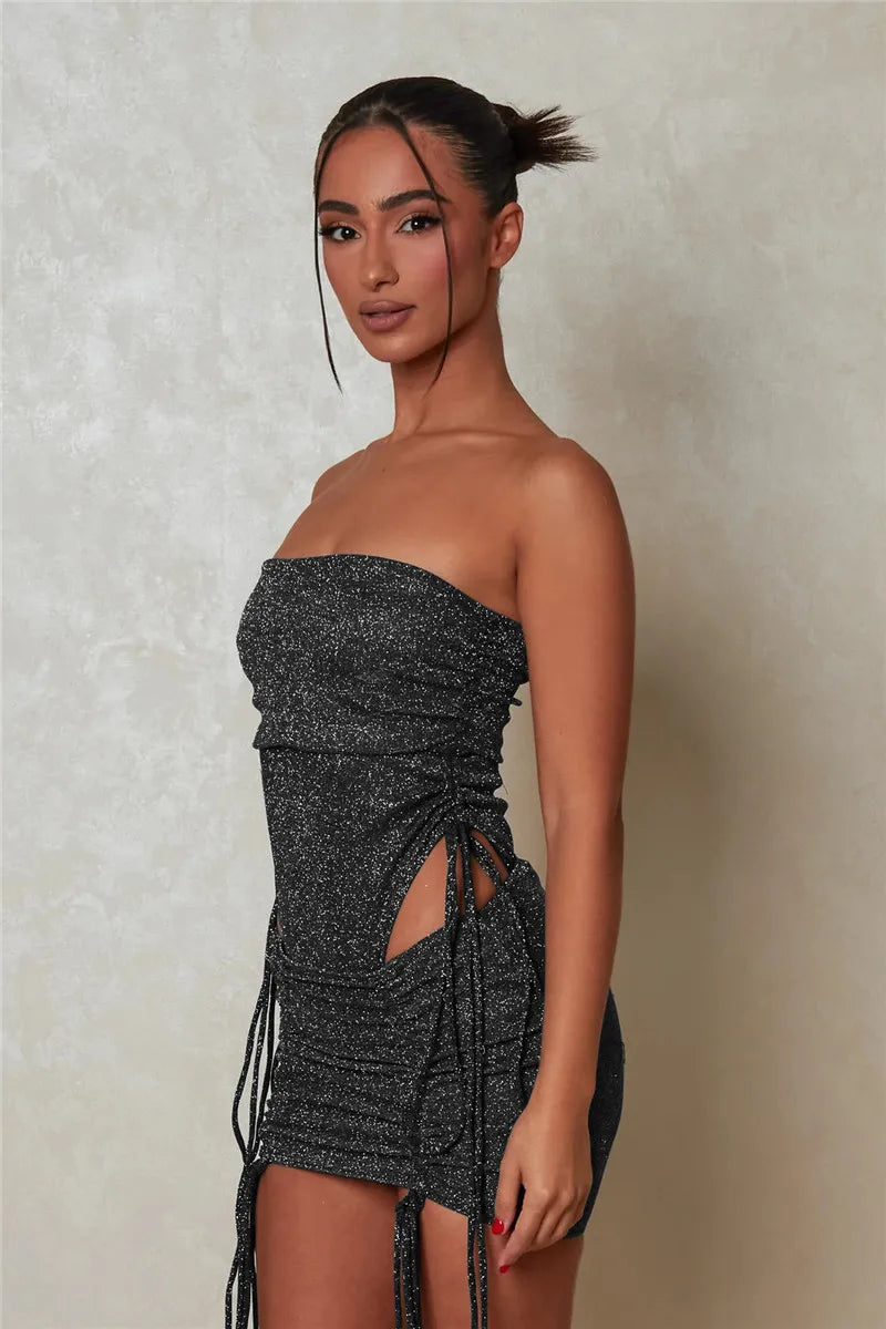 Glitter Sexy Dress Set Women Strapless Bodysuit And Mini Skirt Matching Sets Ladies Party Drawstring Two Piece Sets