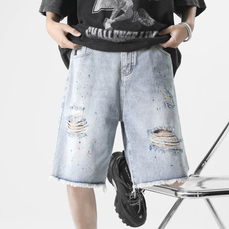 Men's Ripped Denim Shorts Solid Color Summer New Ragged Edge Tie Dyed Male High Street Short Pants Loose Trendy 2025 9W1355
