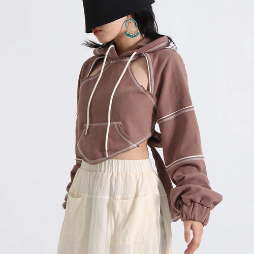 Load image into Gallery viewer, Hollow Out Sweatshirts For Women Hooded Long Sleeve Loose Backless Spliced Lace Up Chic Sweatshirt Female Clothing

