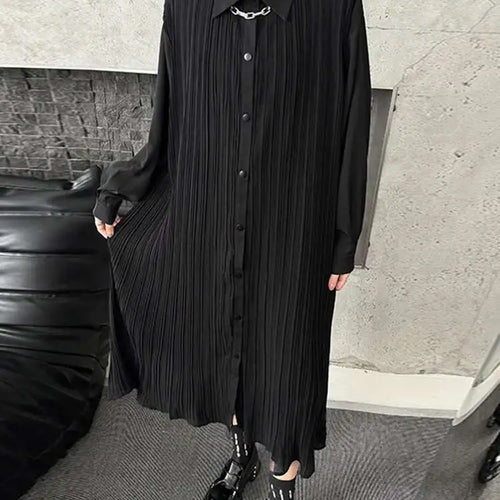 Load image into Gallery viewer, Women Black Brief Pleated Elegant Big Size Midi Shirt Dress New Lapel Long Sleeve Fashion Tide Spring Autumn 2025 1DJ0072
