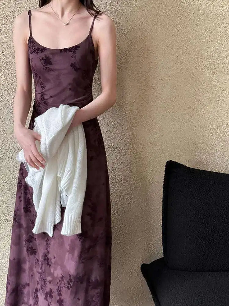 Women Brown Printed Vintage Long Spaghetti Strap Dress New Round Neck Sleeveless Fashion Tide Spring Summer 2025 1DJ0289