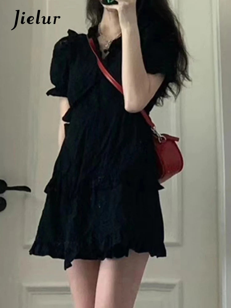 French Style V-neck Black Chiffon Women's Dresses Princess Sleeve Ruffles Solid Color Fashion Dress Summer Elegant Dress