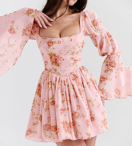 Elegant Horn Long Sleeve Bodycon Printed Short Skirt Female Sexy Square Neck Slim Female Dress Party Club Evening Dress