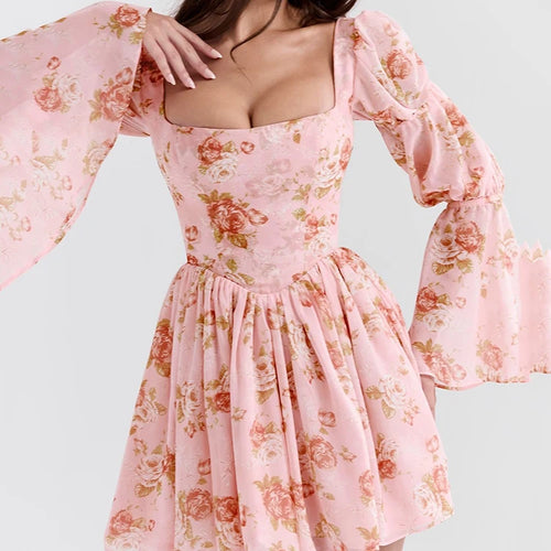 Load image into Gallery viewer, Elegant Horn Long Sleeve Bodycon Printed Short Skirt Female Sexy Square Neck Slim Female Dress Party Club Evening Dress
