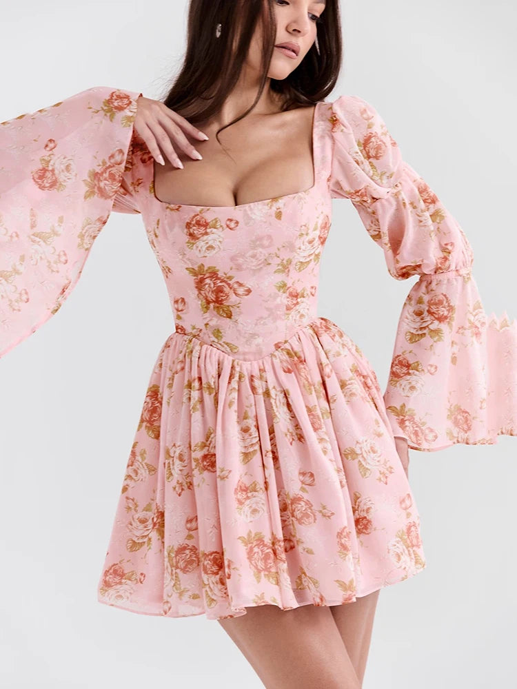 Elegant Horn Long Sleeve Bodycon Printed Short Skirt Female Sexy Square Neck Slim Female Dress Party Club Evening Dress