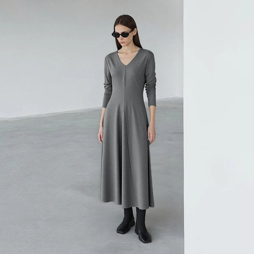 Women's Dress 2026 Spring New Casual V-neck Elastic Waist-fitted Long-sleeved Dress Female Elegant Knit Long Skirt 12641100