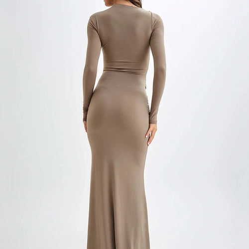 Load image into Gallery viewer, Diagonal Collar Long Sleeve Maxi Dress For Women Autumn Winter New Solid High Waist Ruched Bodycon Sexy Long Dress
