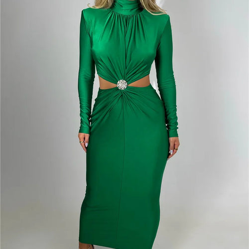 Load image into Gallery viewer, Elegant Hollow Out Sexy Maxi Dress For Women Autumn Winter New Turtleneck Long Sleeve Bodycon Club Party Evening Dress
