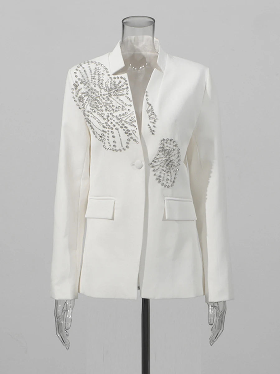 Solid Spliced Diamonds Luxurious Blazers for Women V Neck Long Sleeves Patchwork Button Temperament Blazer Female