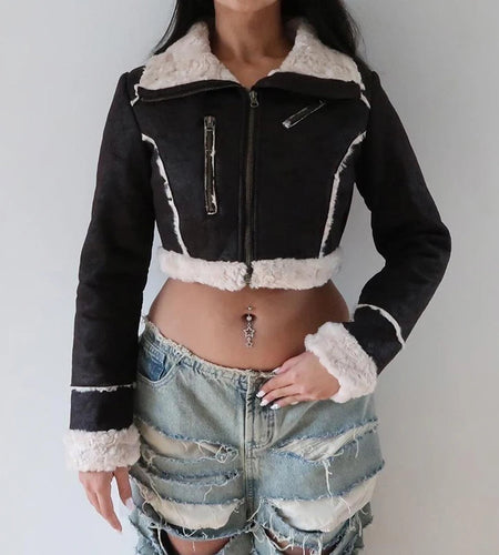 Streetwear Fluffy Winter Jacket Women Faux Fur Patchwork Zip Up Coat Crop Fashion Chic Overcoat Contrast Jackets