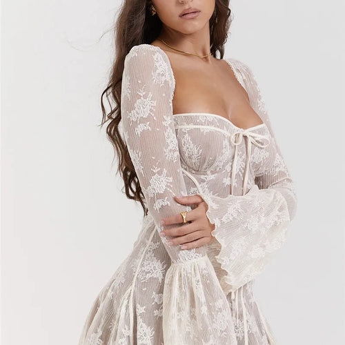 Load image into Gallery viewer, Elegant Print Mini Dress For Women Autumn Winter New Square Collar Long Sleeve Backless Loose Club Party Sexy Dress
