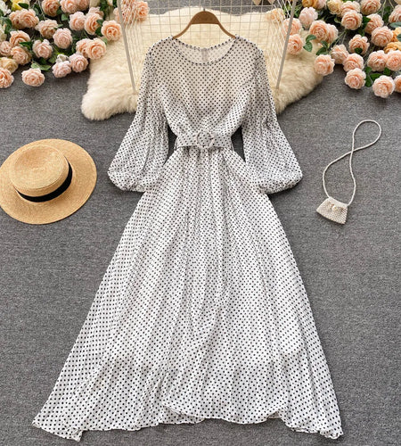 Vintage Pleated Dress for Women Polka Pot Puff Long Sleeve O Neck Elegant A Line Dresses 2023 High Waisted Casual Dress