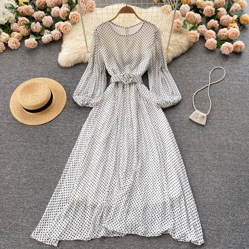 Load image into Gallery viewer, Vintage Pleated Dress for Women Polka Pot Puff Long Sleeve O Neck Elegant A Line Dresses 2023 High Waisted Casual Dress

