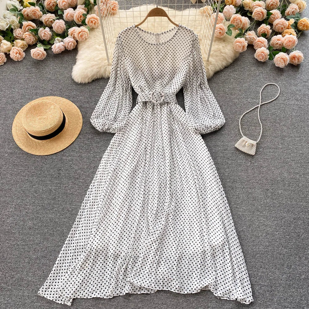 Vintage Pleated Dress for Women Polka Pot Puff Long Sleeve O Neck Elegant A Line Dresses 2023 High Waisted Casual Dress