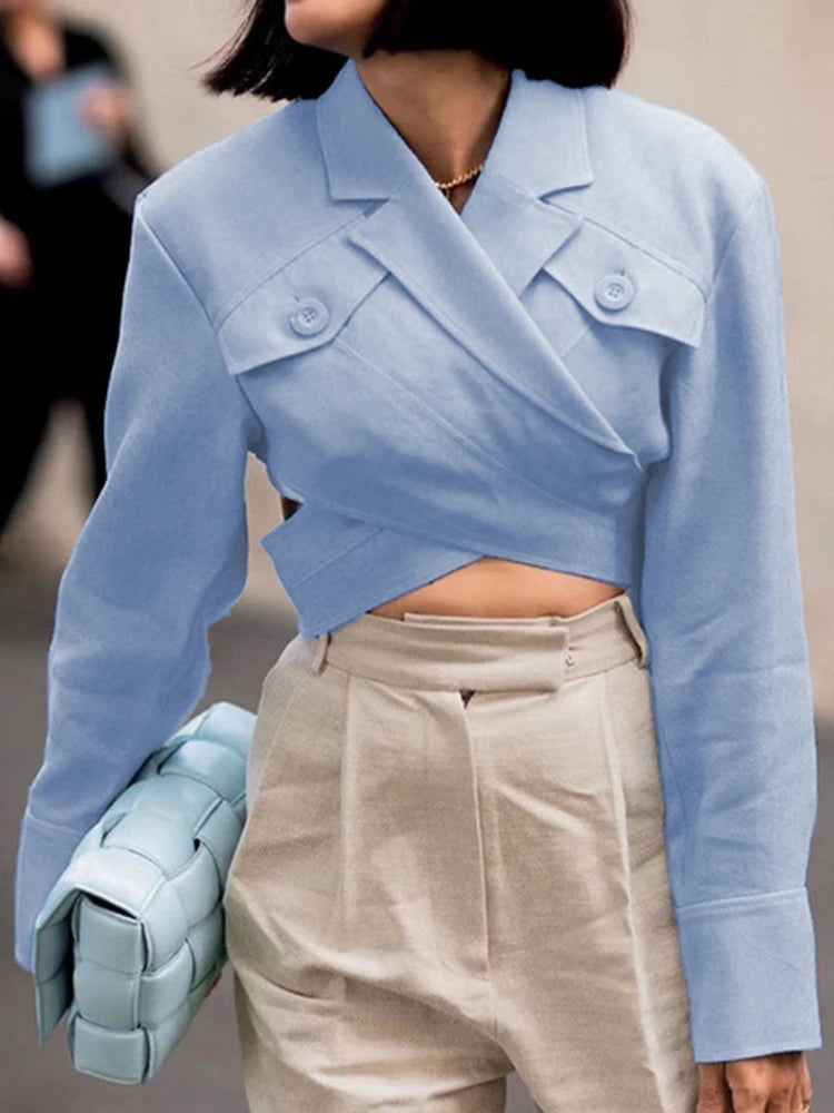Asymmetrical Slim Women's Blouses Lapel Collar Long Sleeve Casual Short Shirts Tops For Female Fashion Clothing