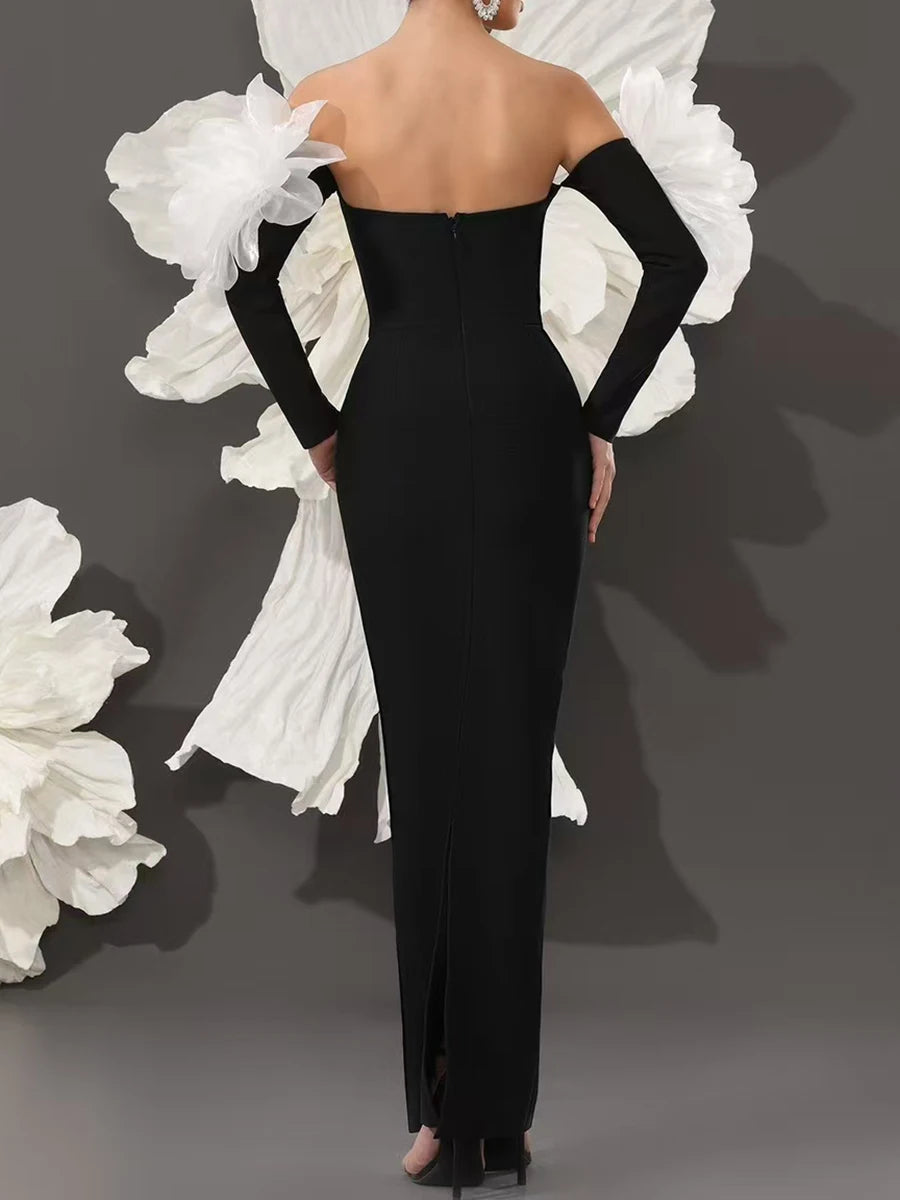 Solid Spliced Mesh Slimming Dresses For Women Slash Neck Long Sleeve High Waist Temperament Dress Female Fahion New